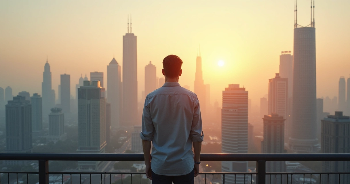 Person looking at city skyline with transparent historical scenes overlaid 