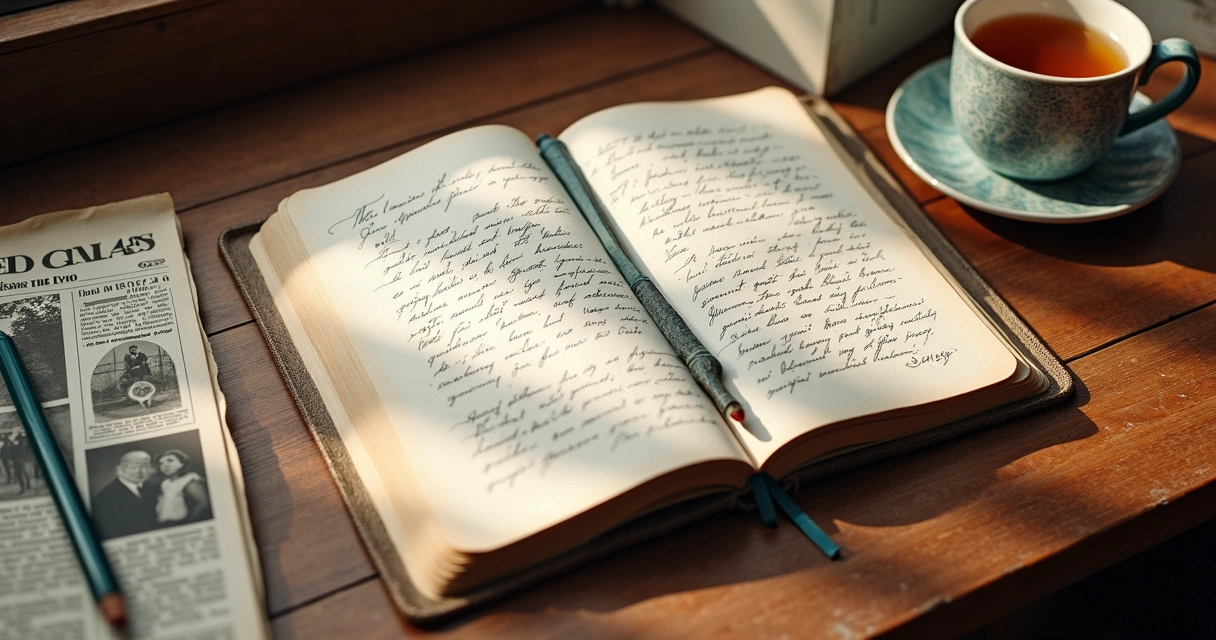 Open journal with handwritten notes, pencil, old photos, and a newspaper clipping on a wooden desk 