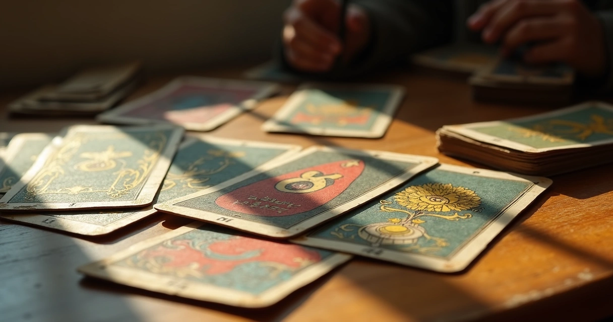 Antique tarot cards spread on a wooden table 
