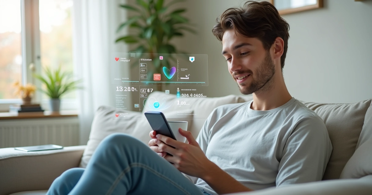 Paciente segurando smartphone com app de saúde mostrando linha do tempo de histórico de atendimentos 