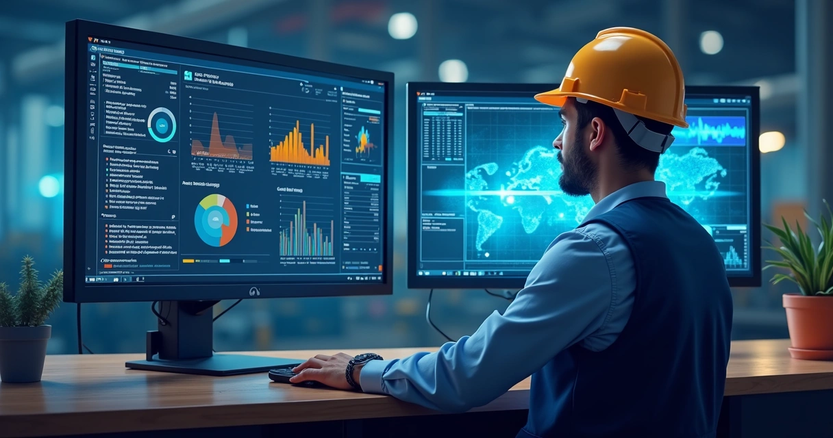 Exemplo visual de interface de dados migrando entre plataformas industriais 