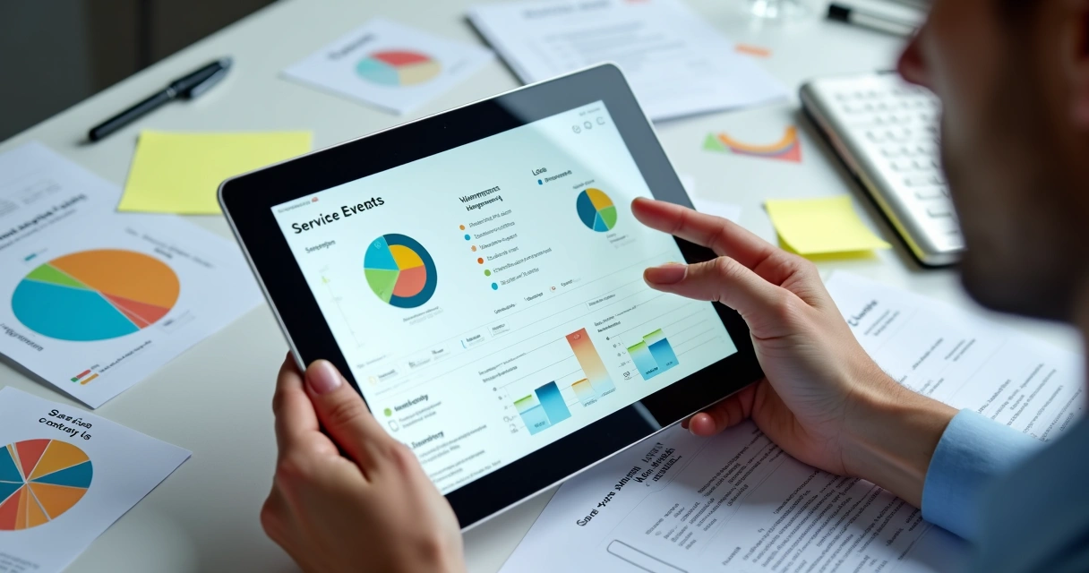 Pessoa verificando registro digital de atendimento em um tablet com gráficos e anotações 