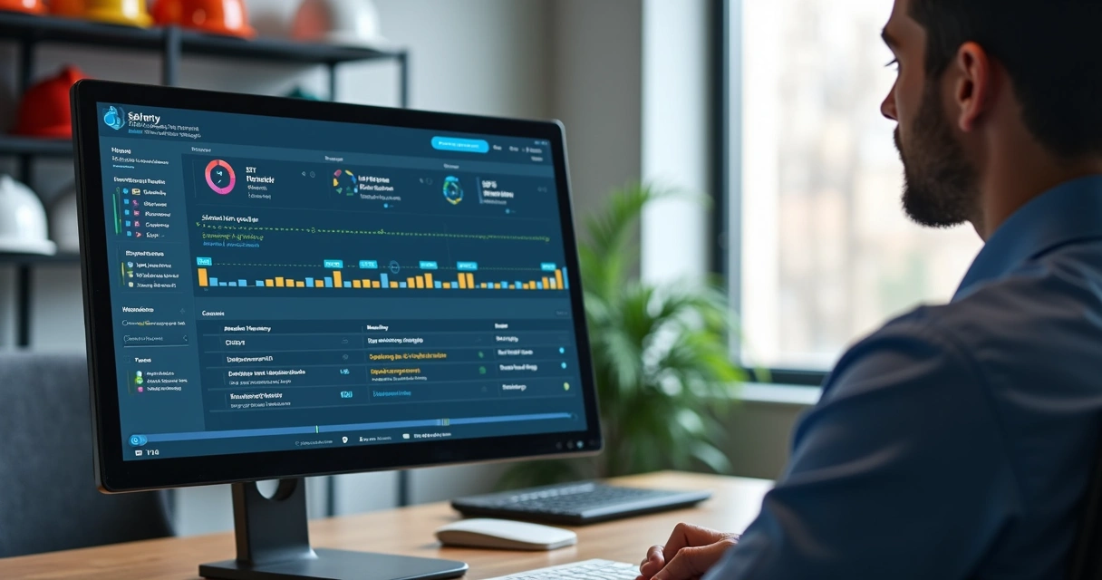 Profissional de SST consultando histórico digital em tela de computador na empresa 