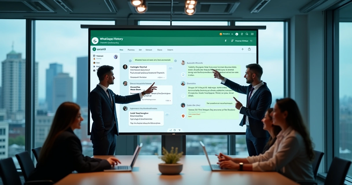 Equipe empresarial analisando histórico de mensagens em tela grande na sala de reunião 