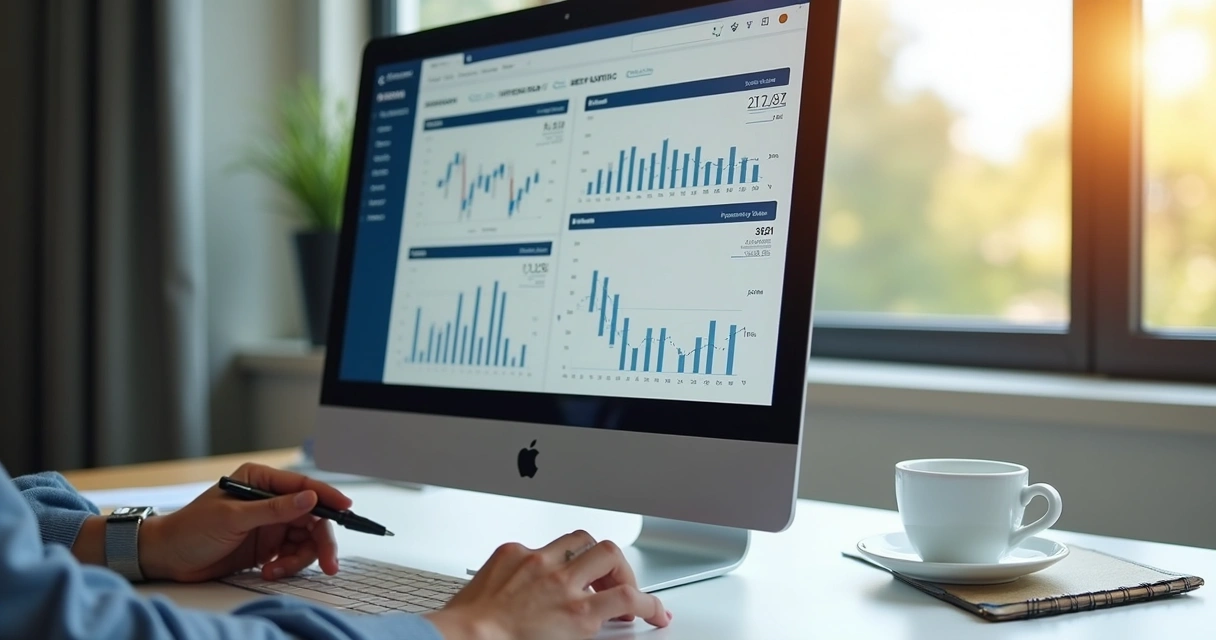 Tela de computador com gráfico detalhado de histórico de preços de imóveis e mãos analisando informações 