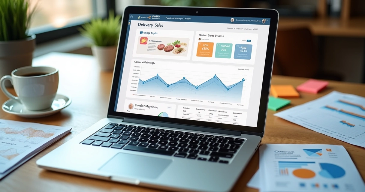 Painel de vendas de delivery com gráfico sazonal e calendário 