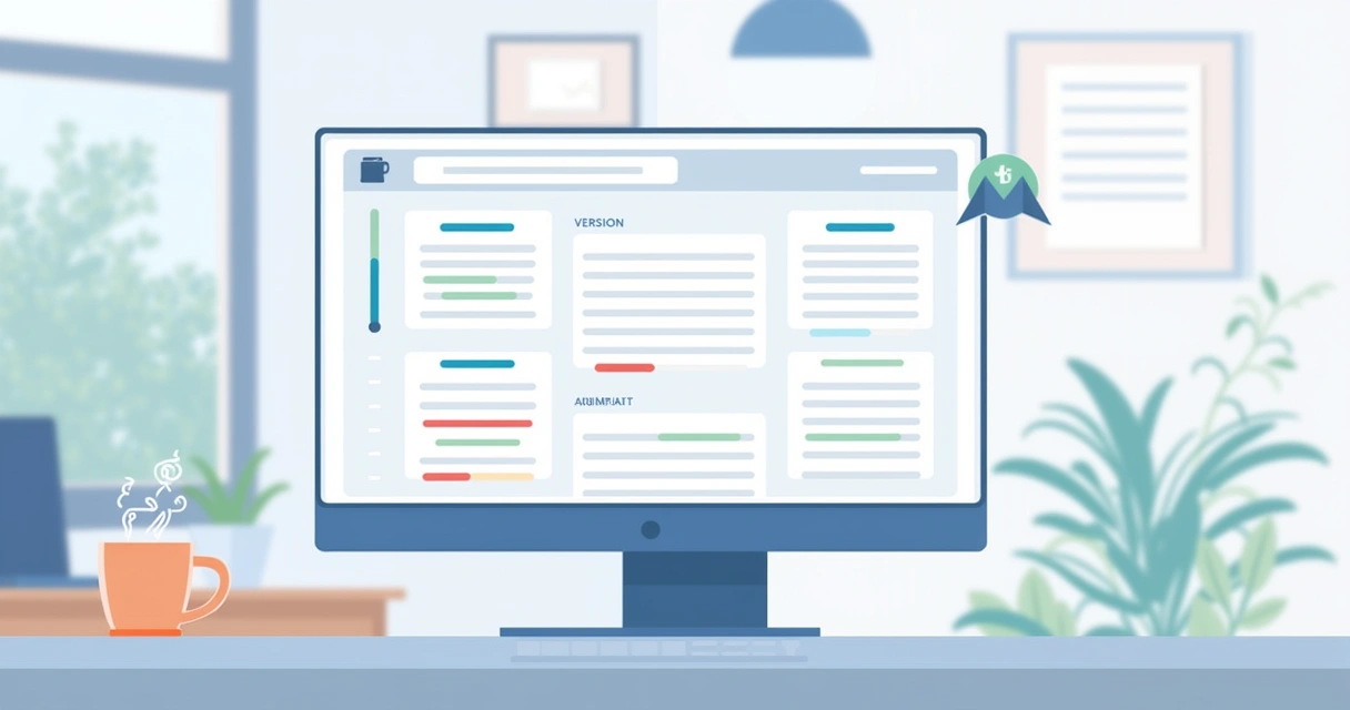 Ambiente de trabalho digital com tela do Notion mostrando o histórico de versões de um documento.