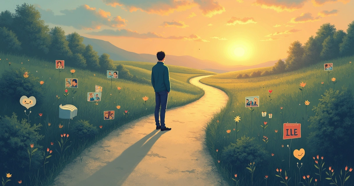 Illustration of a person at a crossroads, with pathways representing personal history and present choices