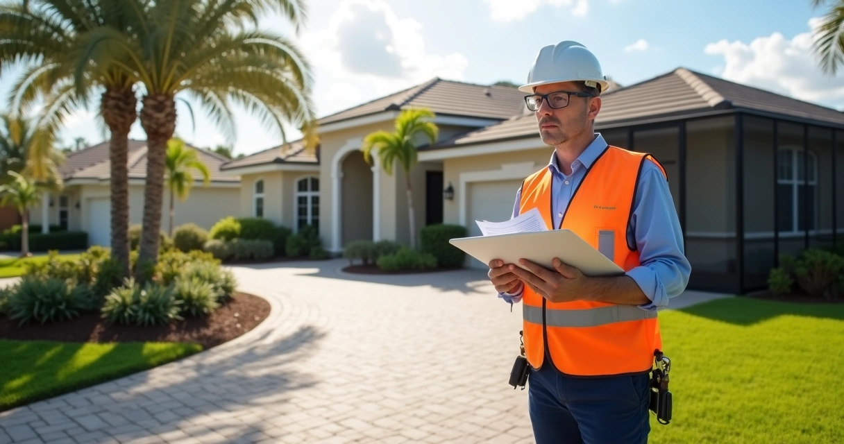 HOA inspector checking driveway and front yard in Central Florida neighborhood 