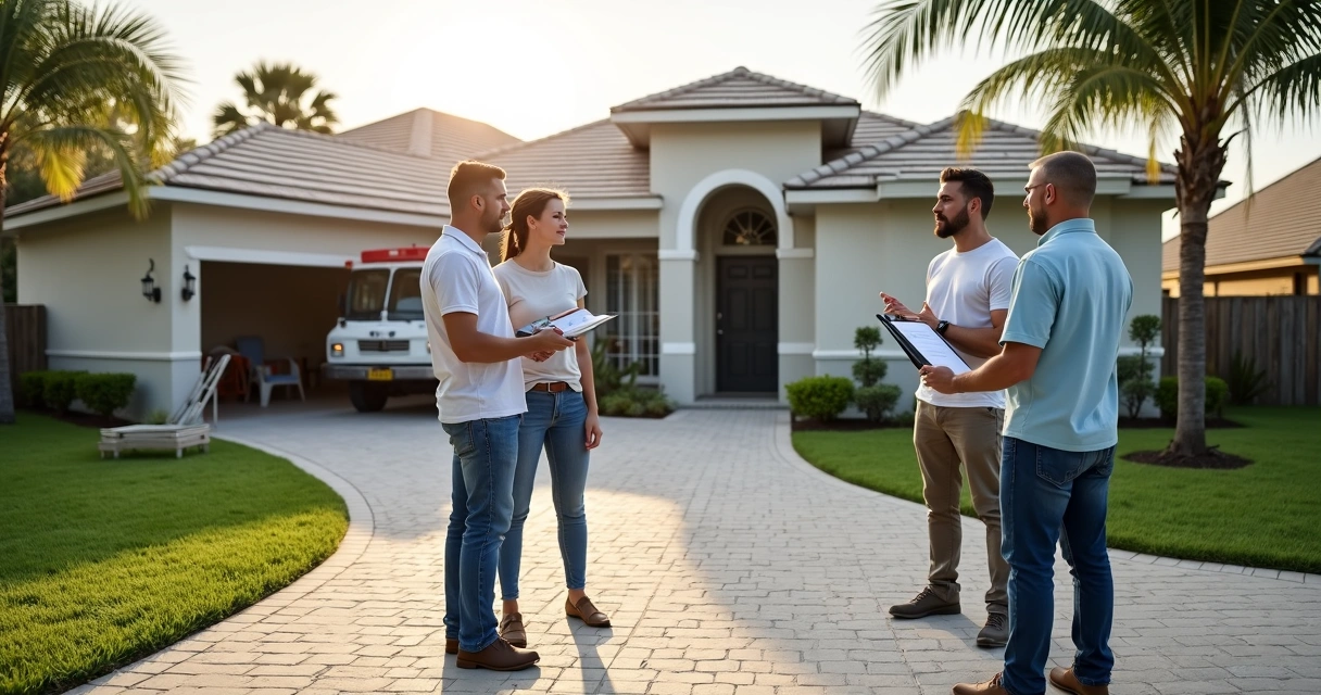 HOA inspector and contractor reviewing renovation plans in Florida driveway 