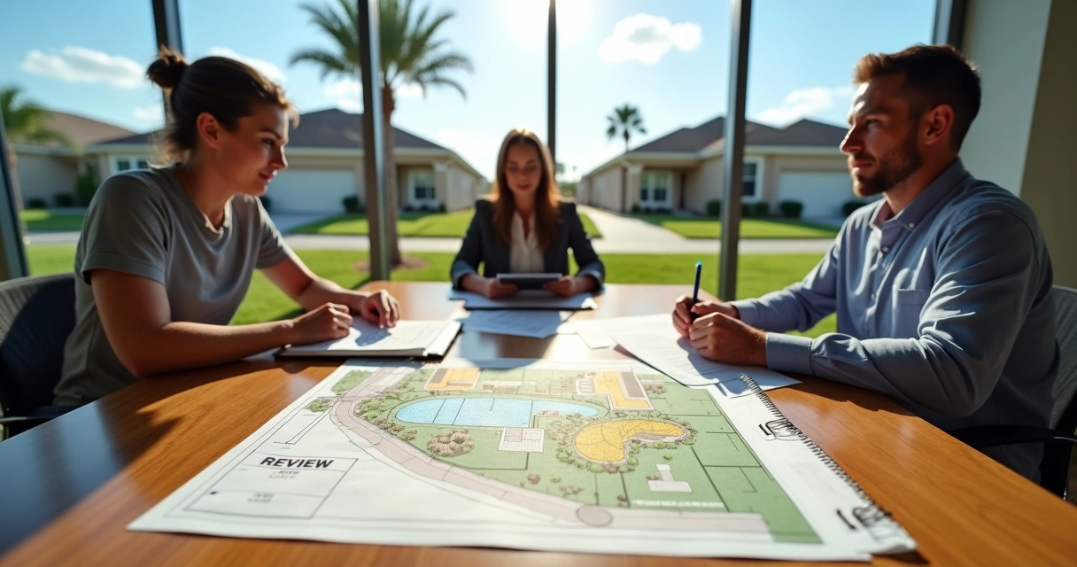 Homeowner meeting with HOA board reviewing exterior upgrade plans 
