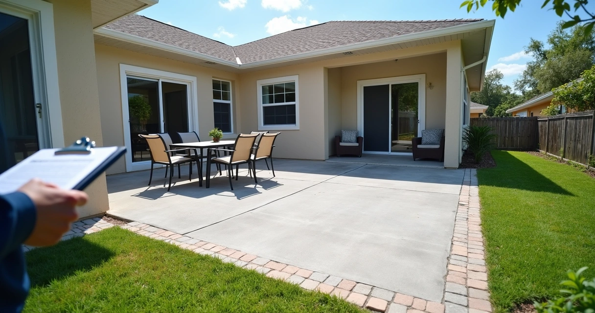 Inspector reviewing a clean concrete patio with checklist in Orlando home 