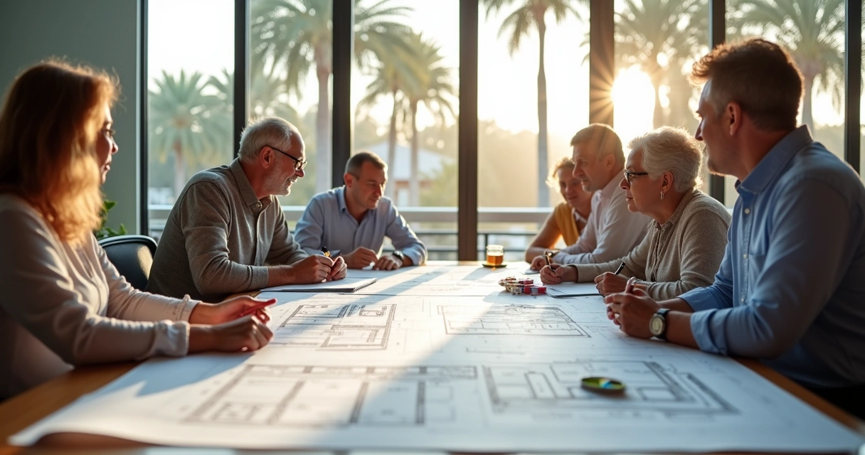 HOA board members reviewing exterior upgrade plans around a table