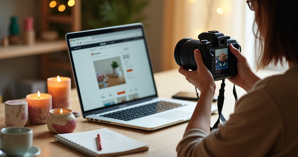 Pessoa fotografando artesanato enquanto cria site de vendas no notebook 