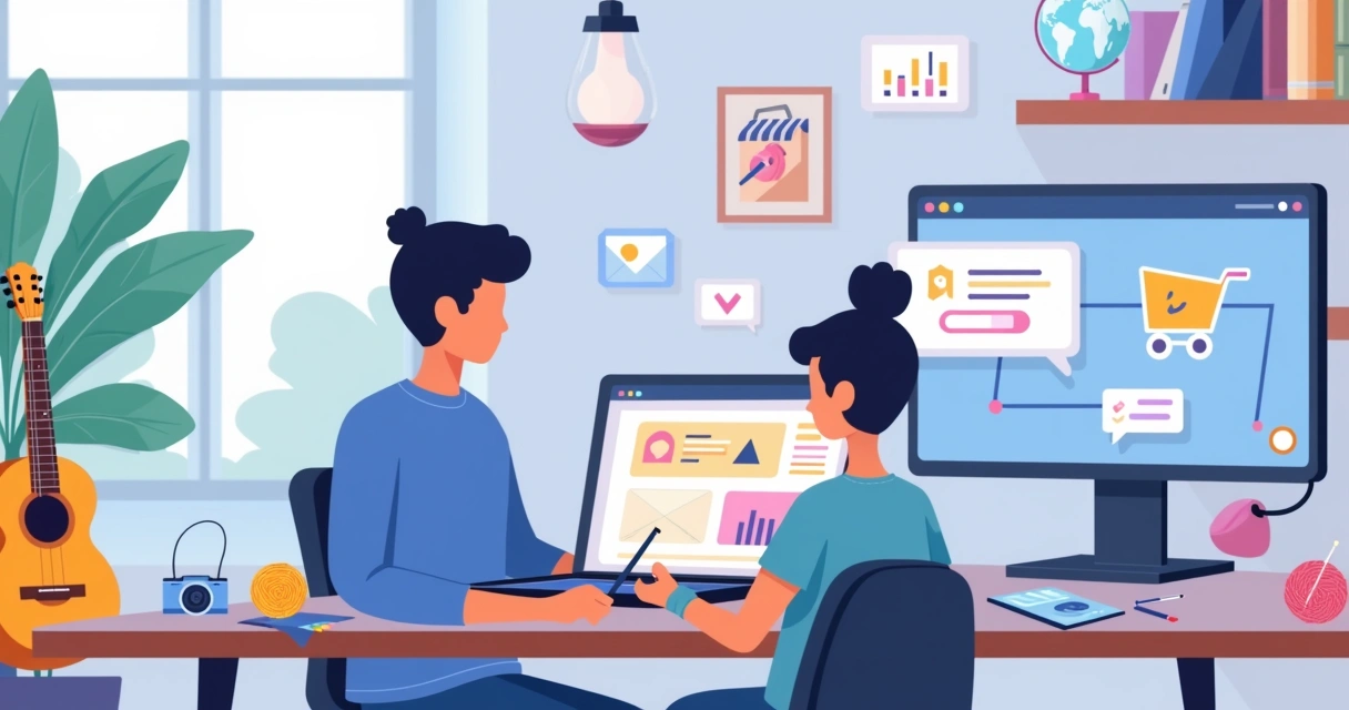 Ilustração de pessoa transformando hobby em negócio online com site no laptop 