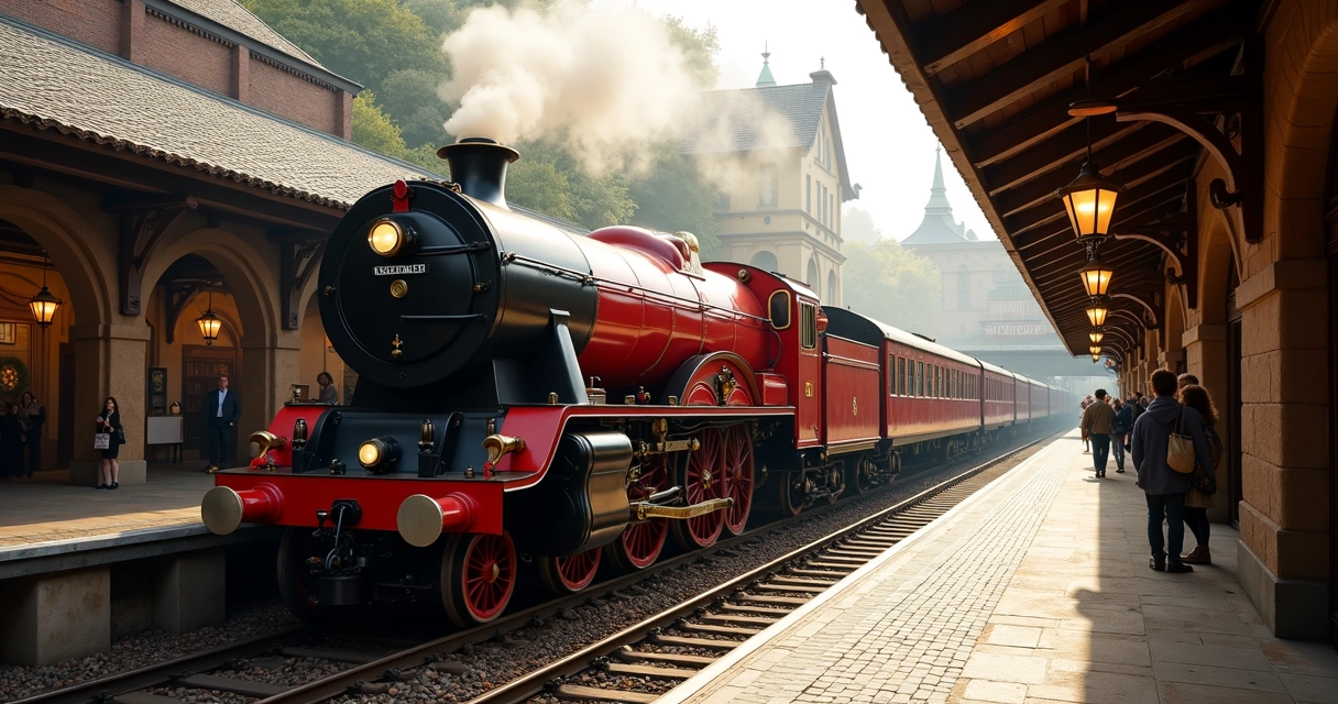 Trem inspirado em Hogwarts chegando à estação em parque temático 