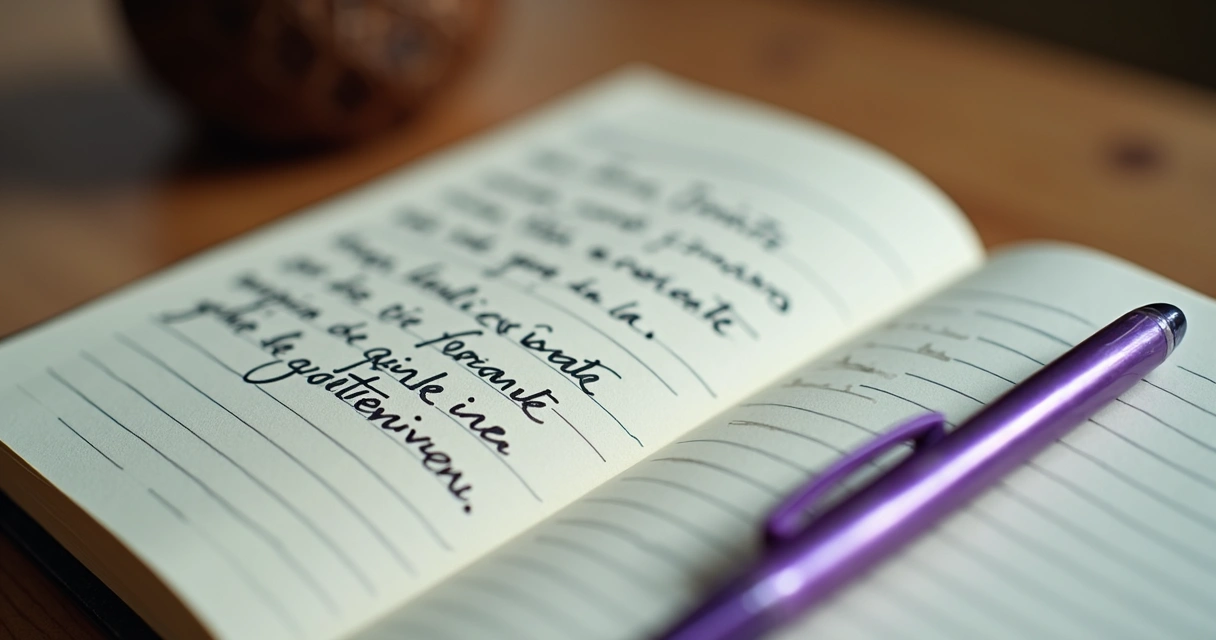 Cuaderno con hojas escritas y bolígrafo morado sobre la mesa