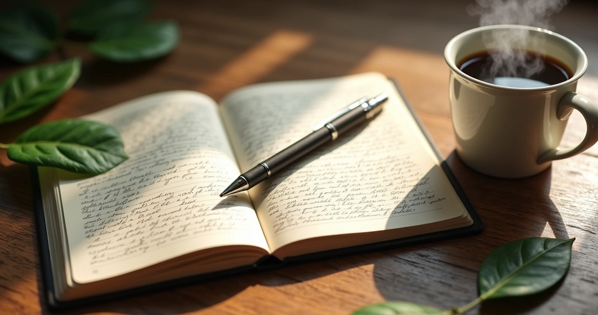 Cuaderno abierto con escritos, bolígrafo y una taza de café en mesa de madera clara 