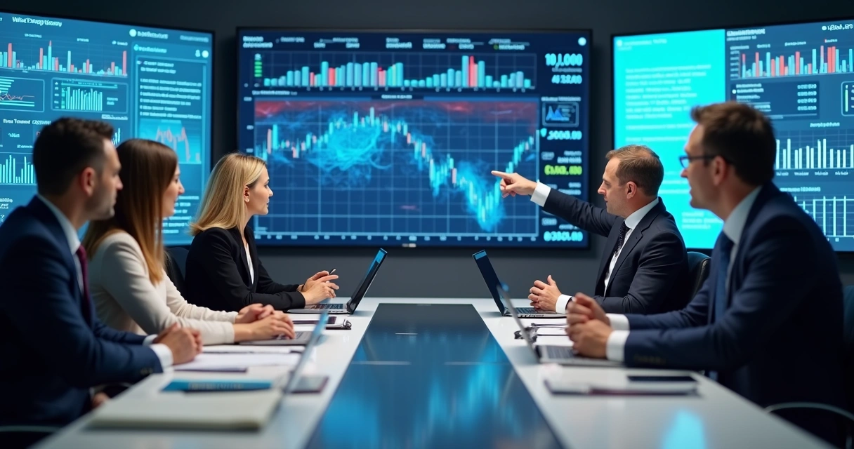 Equipe analisando gráficos digitais sobre participação societária 