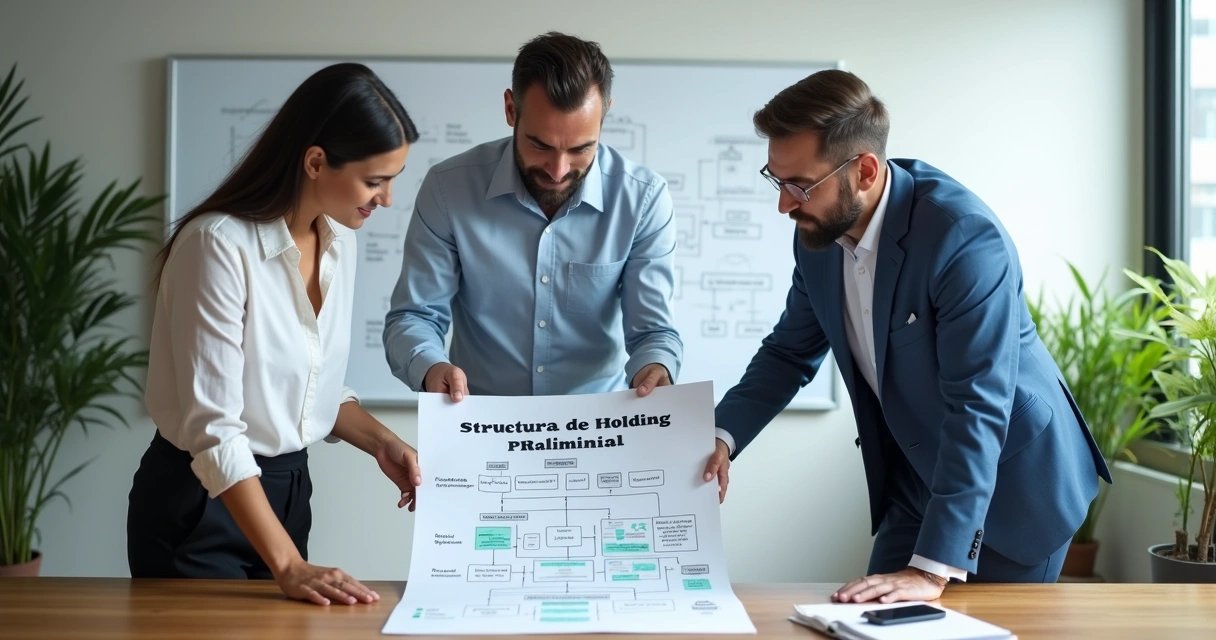 Equipe analisa documento de holding, escritório moderno ao fundo