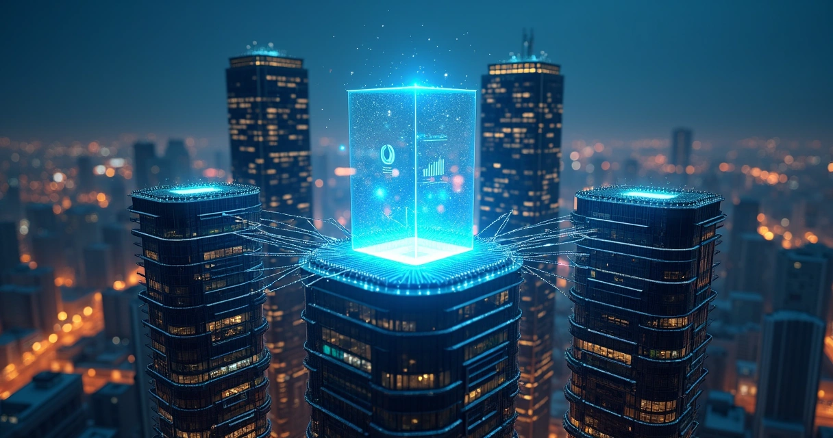 Conjunto de prédios formando um hexágono interligado por linhas de capital luminosas 