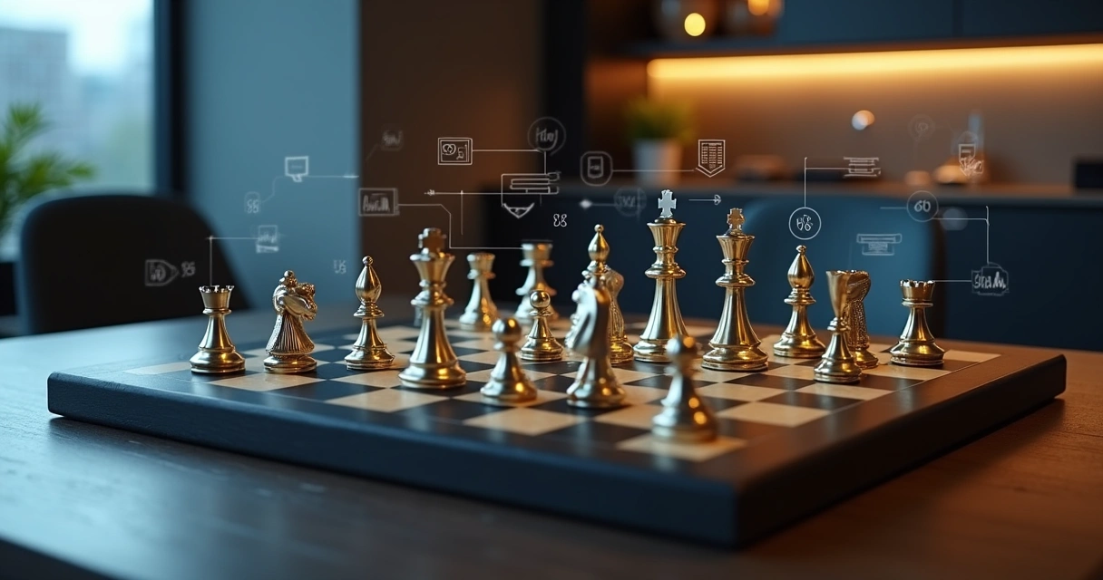 Tabuleiro de xadrez formando uma estrutura de holding com peças douradas simbolizando empresas e patrimônio 