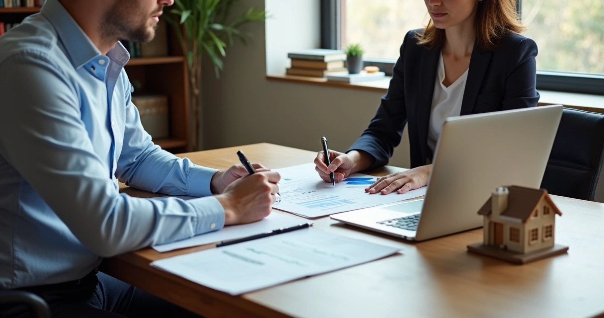 Duas pessoas analisando documentos à mesa sobre gestão de patrimônio 