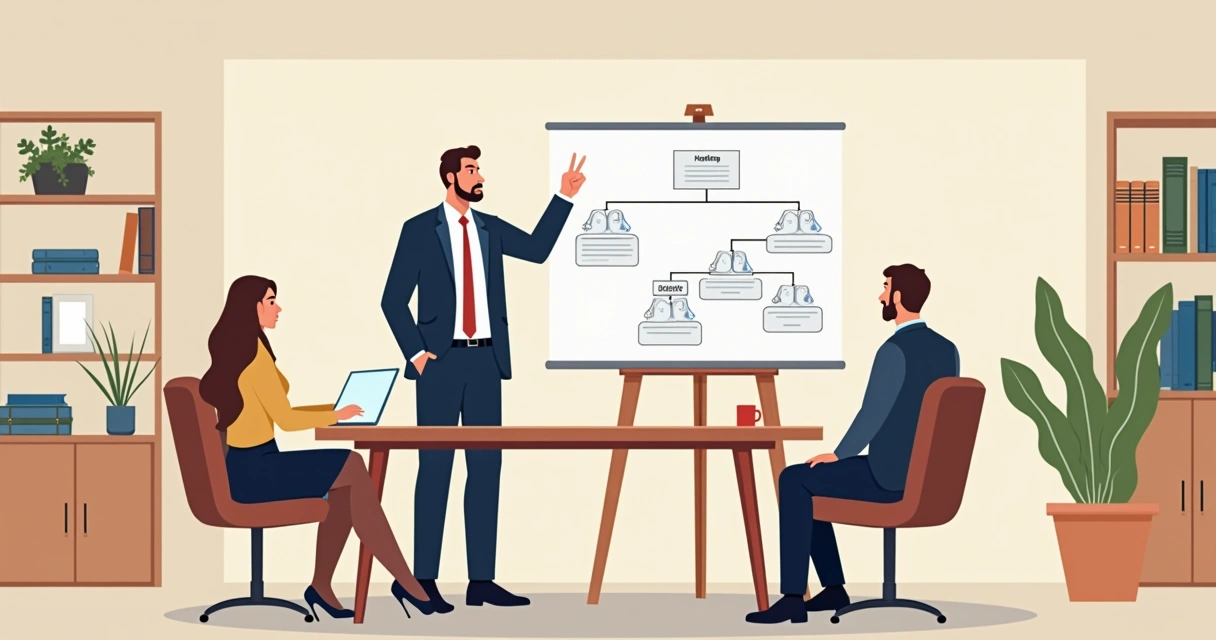 Advogado explica quadro de holding familiar a clientes em escritório moderno. 