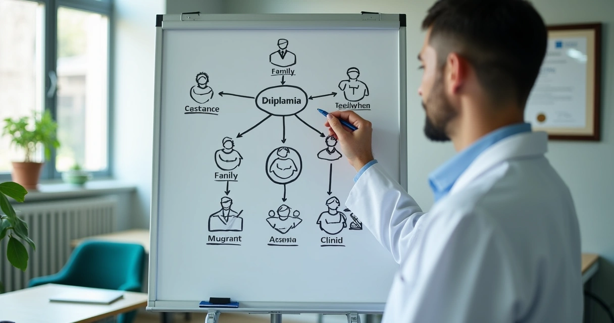 Profissional da saúde explicando estrutura de holding familiar em quadro branco 