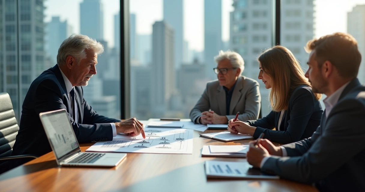 Reunião de família com advogado planejando sucessão patrimonial em escritório moderno 