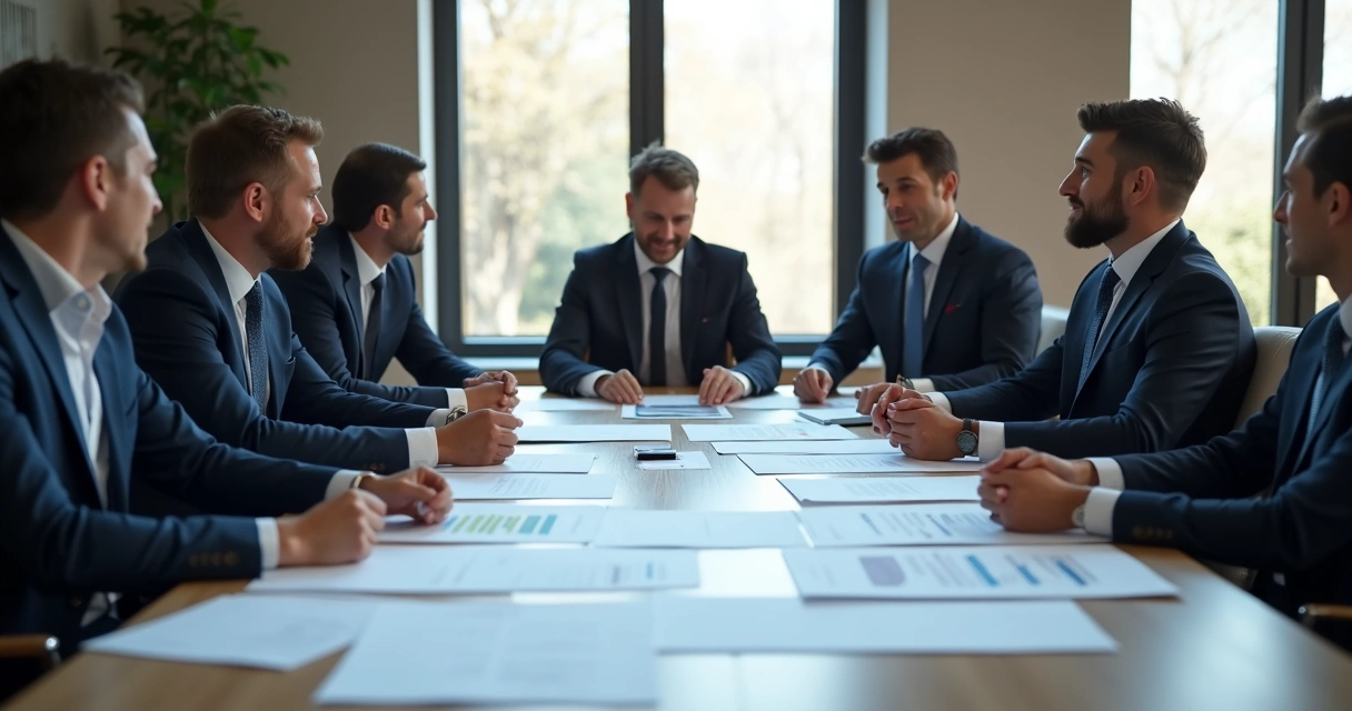 Reunião de diretores discutindo papéis com gráficos e contratos na mesa 