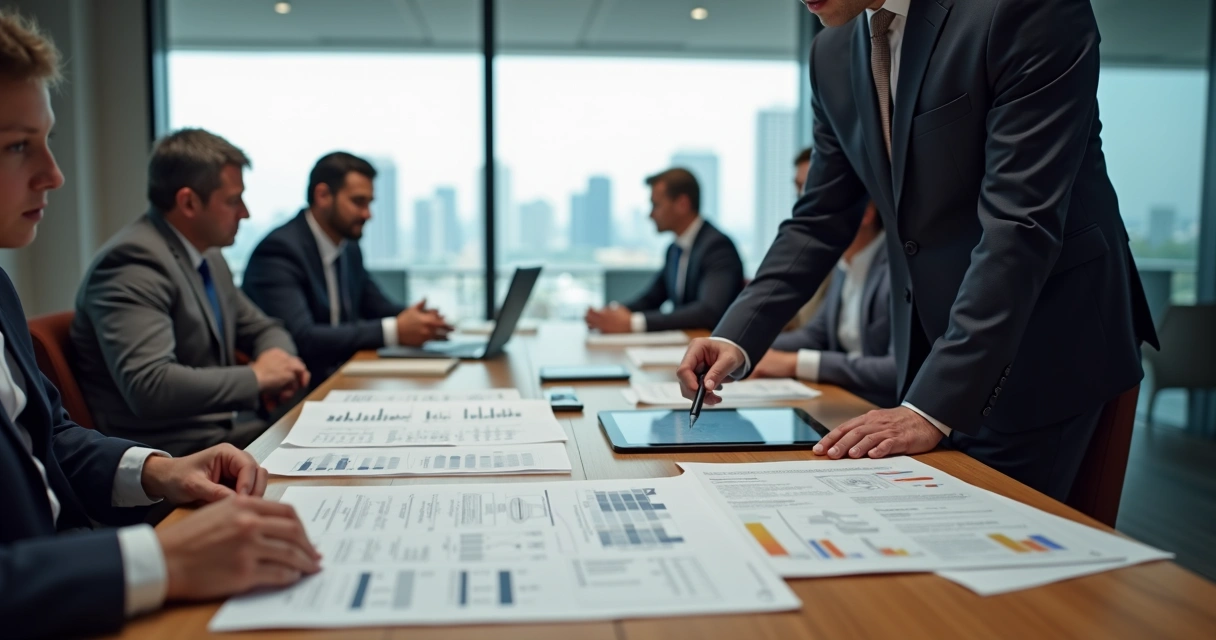 Reunião empresarial com família analisando estrutura de holding em mesa de escritório 