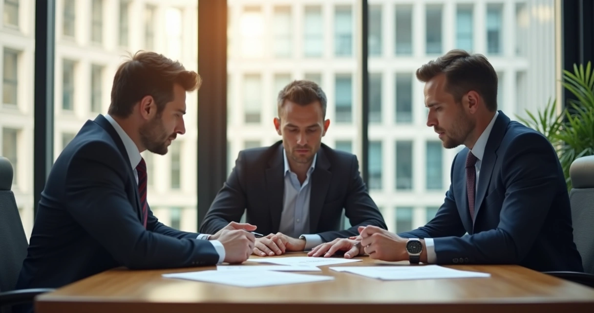 Reunião de sócios analisando documento de holding familiar 