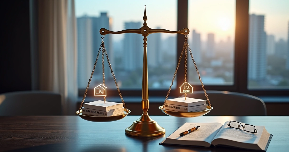 Comparação entre holding familiar e usufruto representada por balança com ícones de imóveis e documentos fiscais 