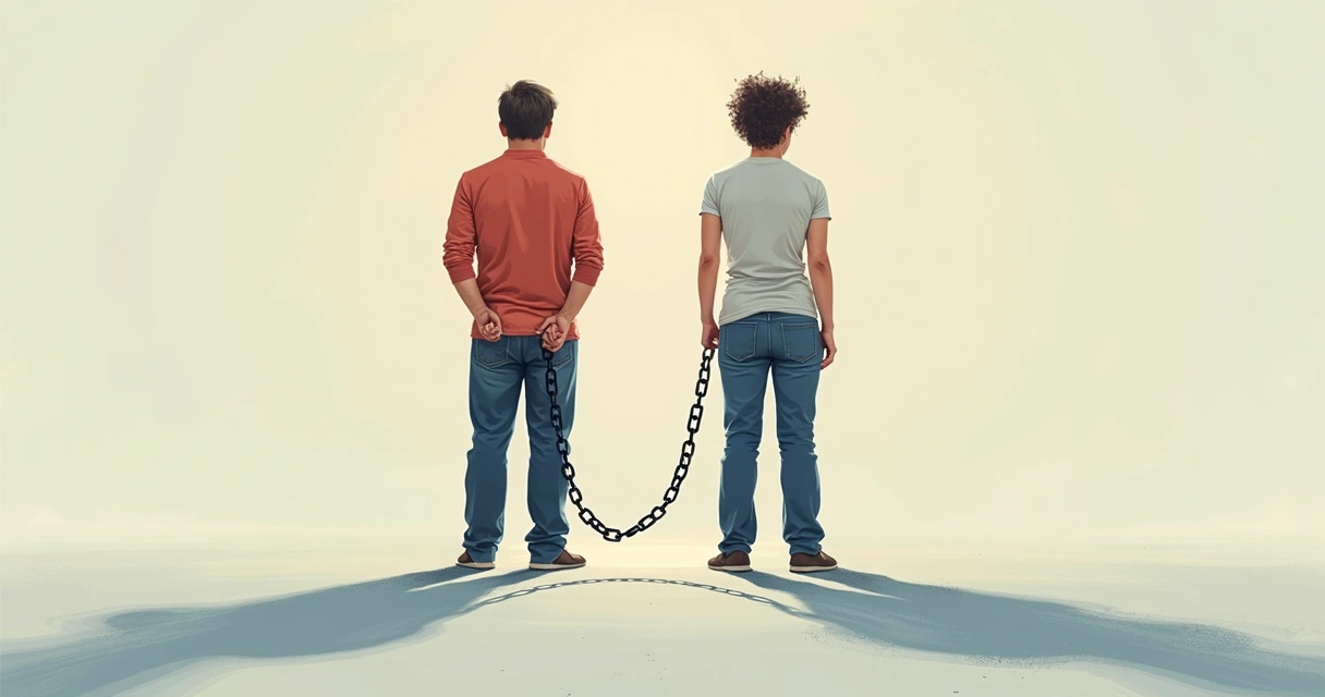 Two people facing away from each other, with a shadow resembling a chain between them 