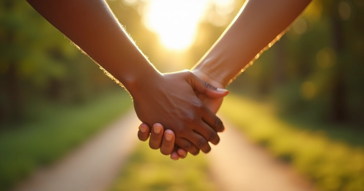 Two hands holding on a walking path with sunlight in the background 