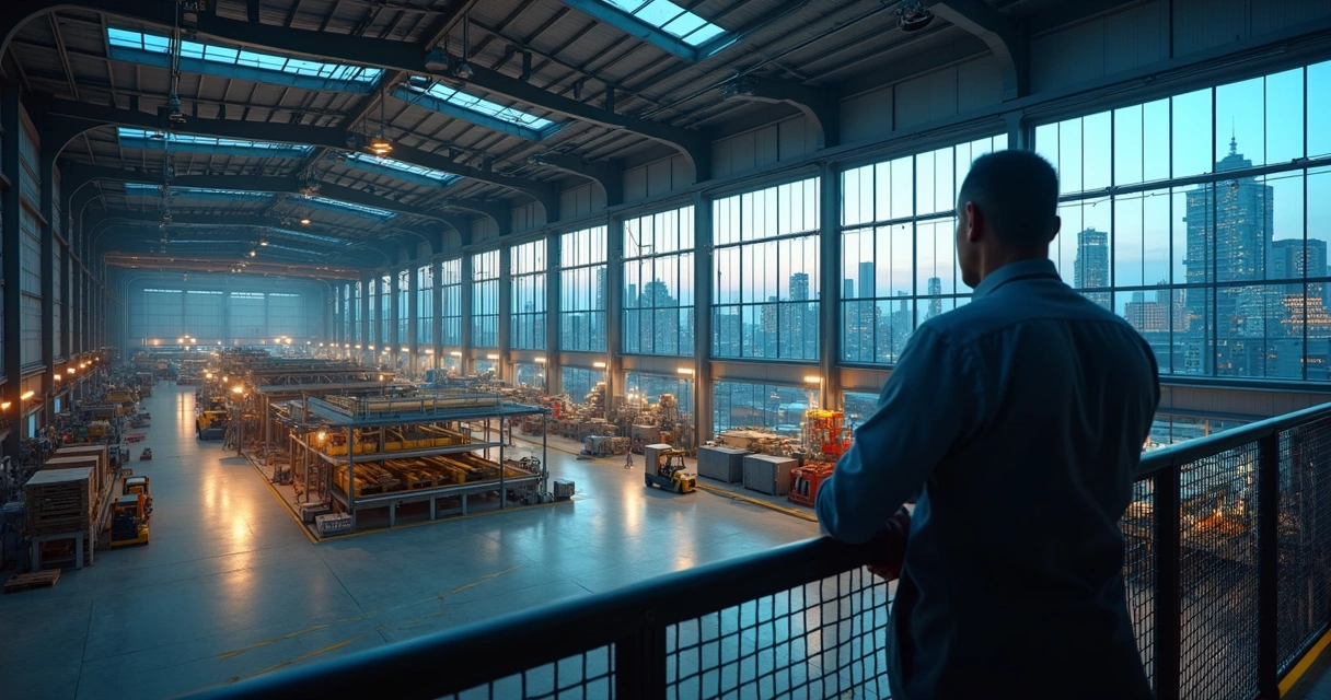 Empresário observa fábrica e prédios comerciais conectados por ícones de estrutura societária 