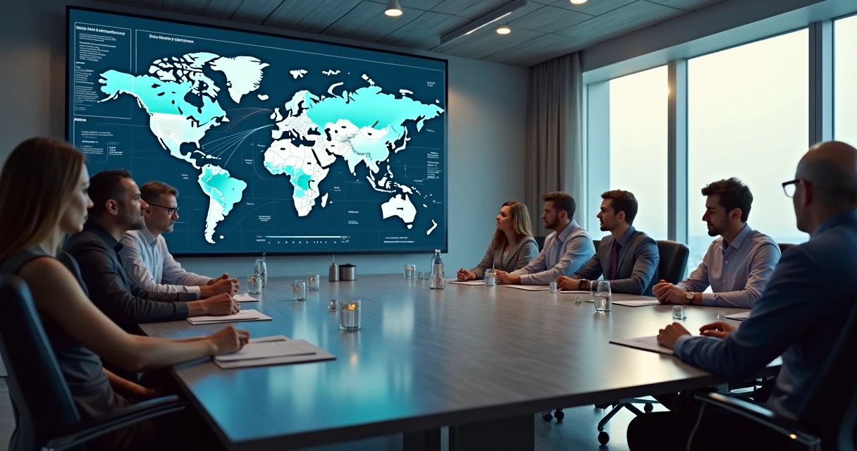 Sala de reuniões com representantes de vários países analisando bens imobiliários em telas digitais 
