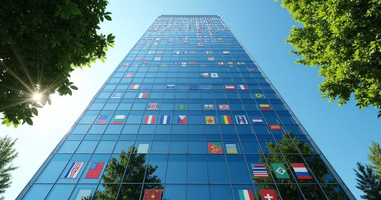 Prédio corporativo moderno refletindo bandeiras de vários países nas janelas 