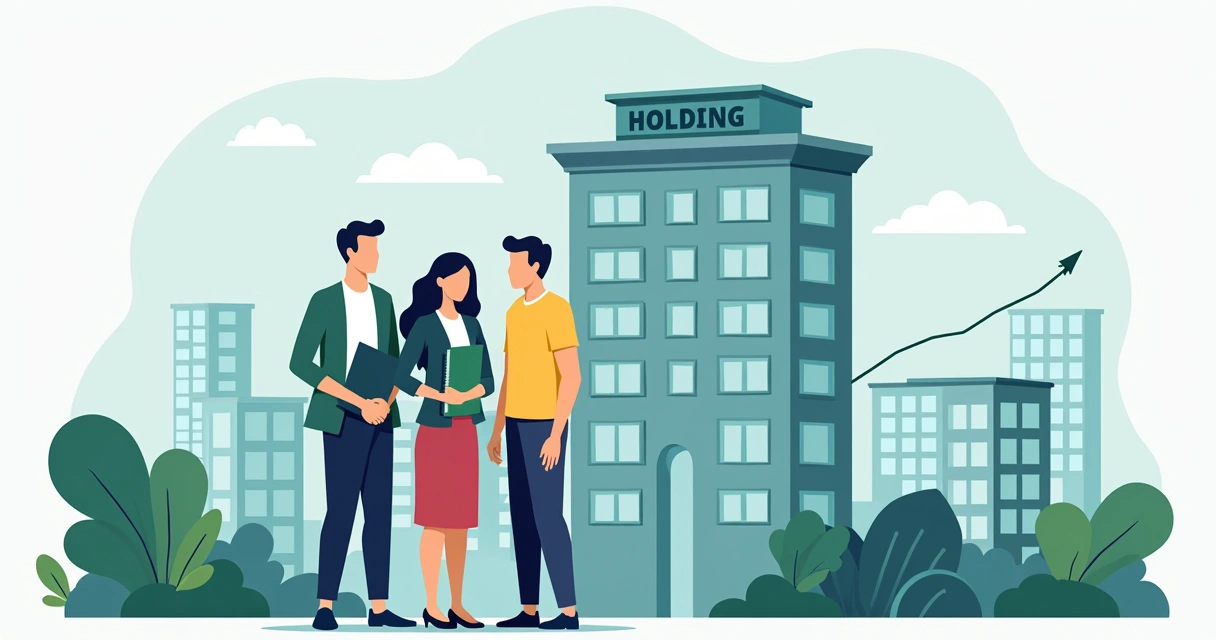 Holding nacional com família empresária e imóveis ao fundo 