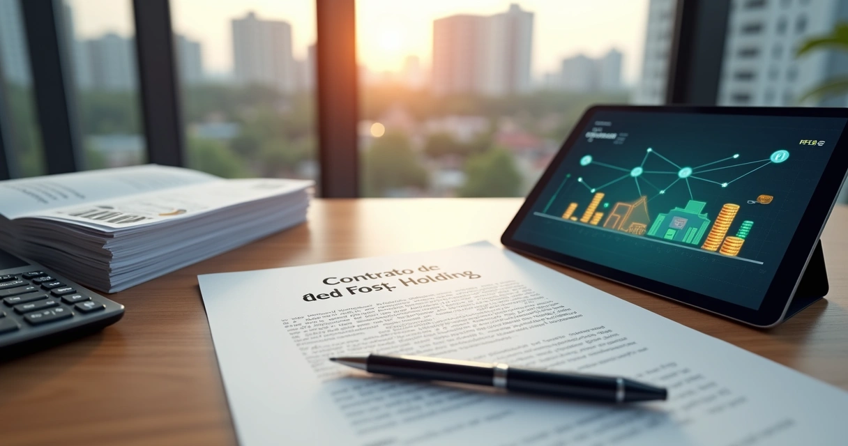 Mesa com contrato de holding, notas fiscais e ícones digitais de imóveis e serviços 