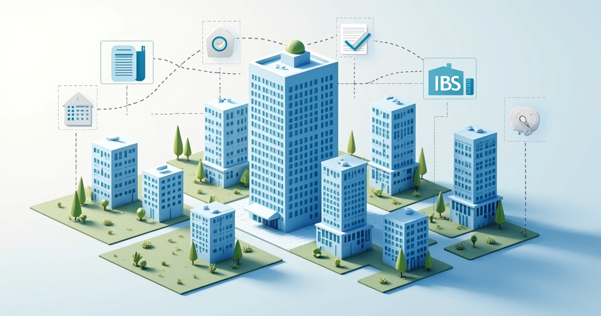 Ilustração de uma holding patrimonial centralizando vários imóveis e conexões com símbolos de impostos ao fundo.