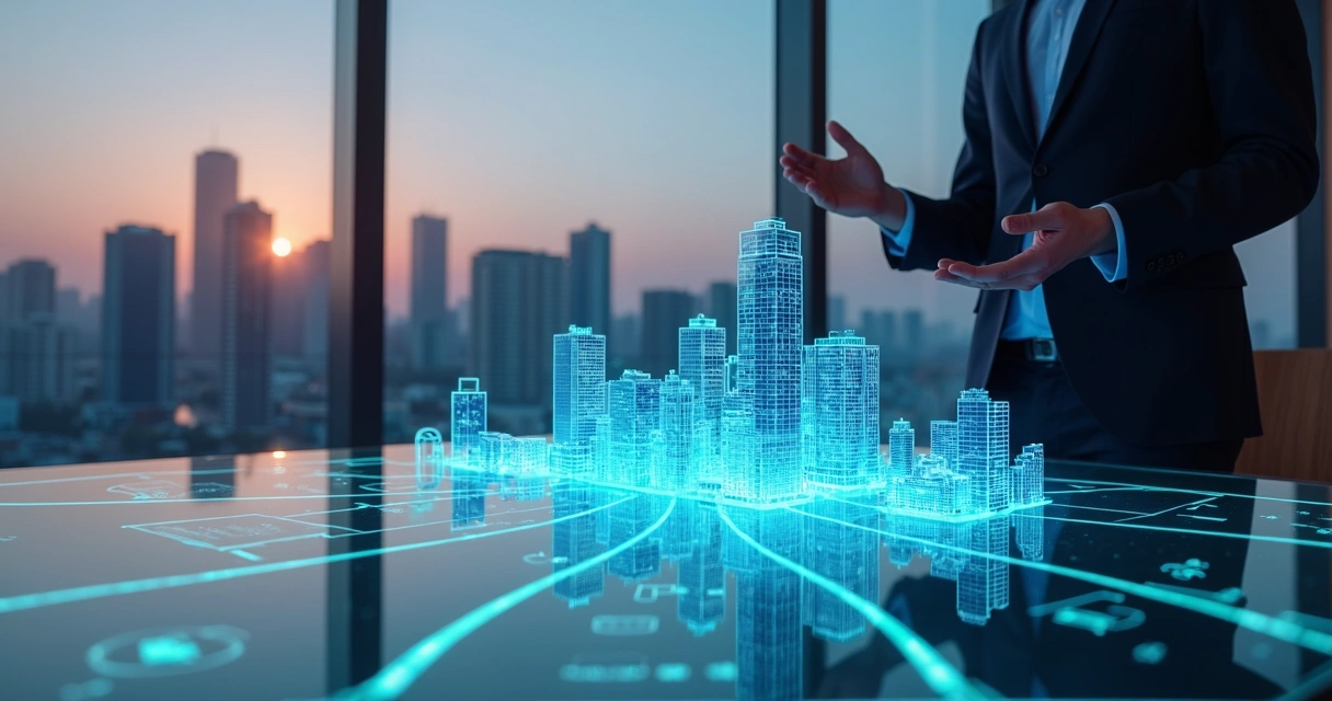 Gestor analisa holograma de cidade representando holding patrimonial e imóveis 