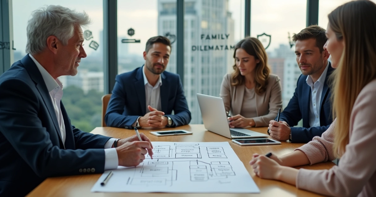 Família empresária em reunião com advogado sobre holding patrimonial 