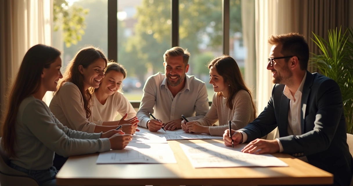 Simulação visual de uma família planejando o patrimônio com ajuda de advogados 