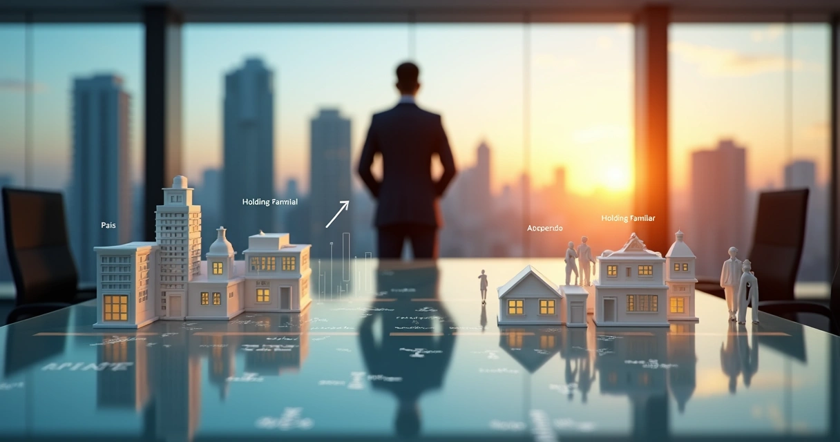Comparação visual entre holding patrimonial e holding familiar com imóveis ao fundo 