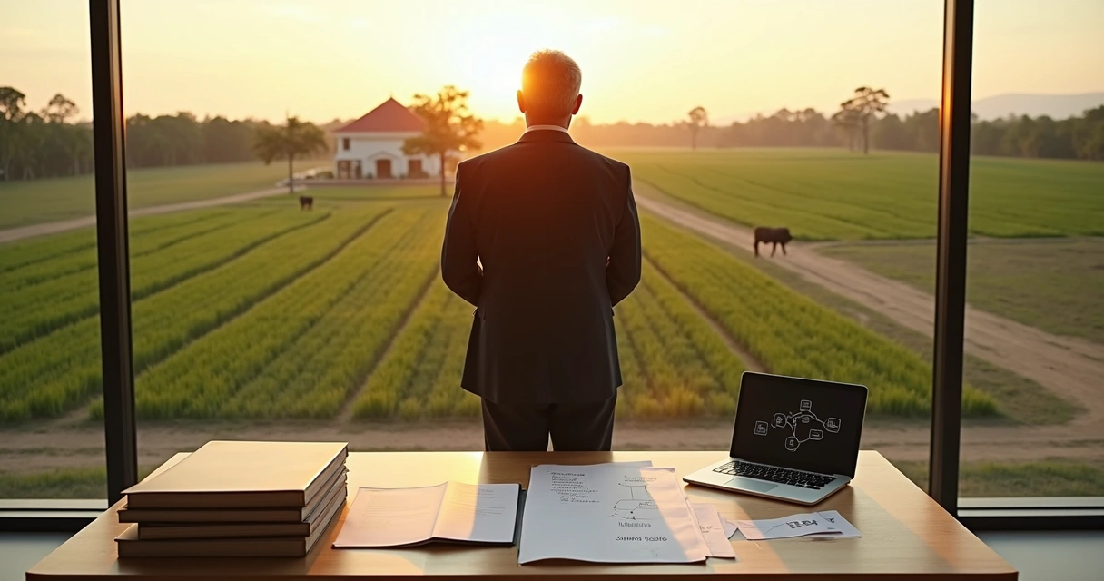 Empresário observando fazenda através de janela de escritório moderno 