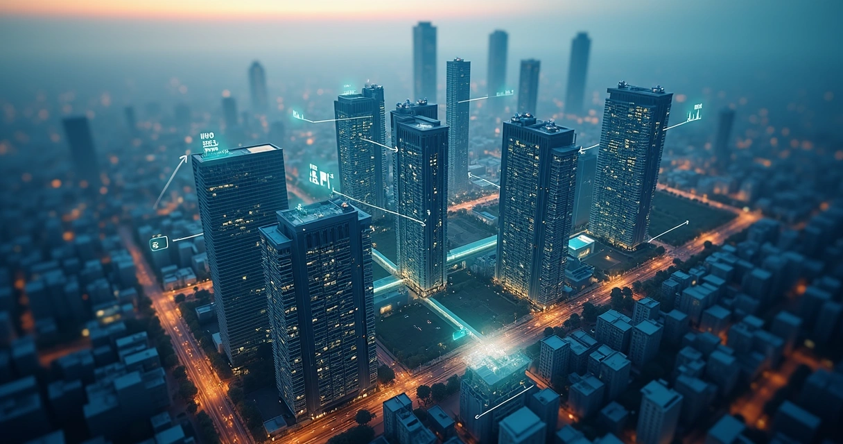 Edifícios comerciais interligados por gráficos de tributos e conexões empresariais 