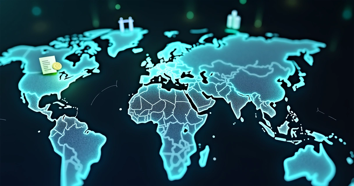 Mapa-múndi com conexões e ícones financeiros simbolizando holdings patrimoniais no exterior 