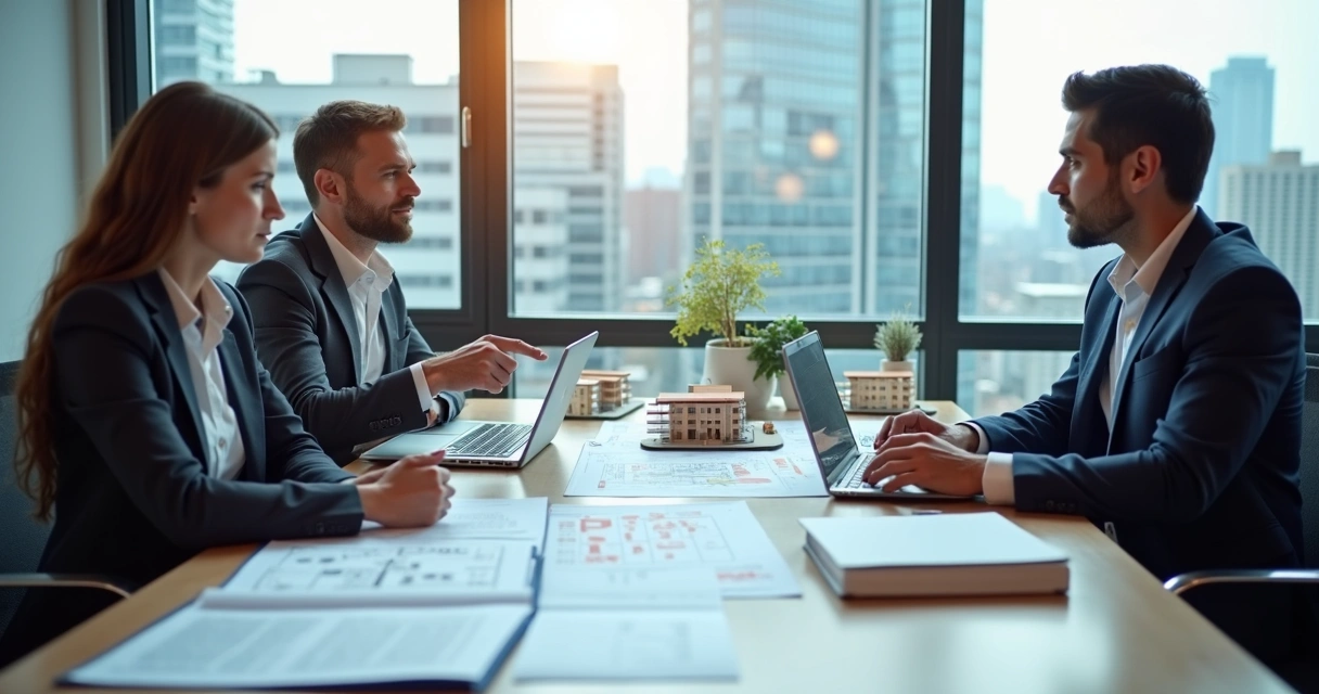 Equipe reunida analisando documentos empresariais e contratos de imóveis 